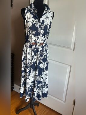 Women's Navy Blue Floral Midi Shirt Dress with Belt
